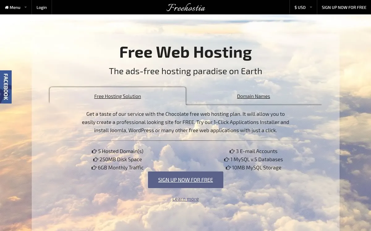 Freehostia 250MB 免费云主机，提供3个邮箱账户
